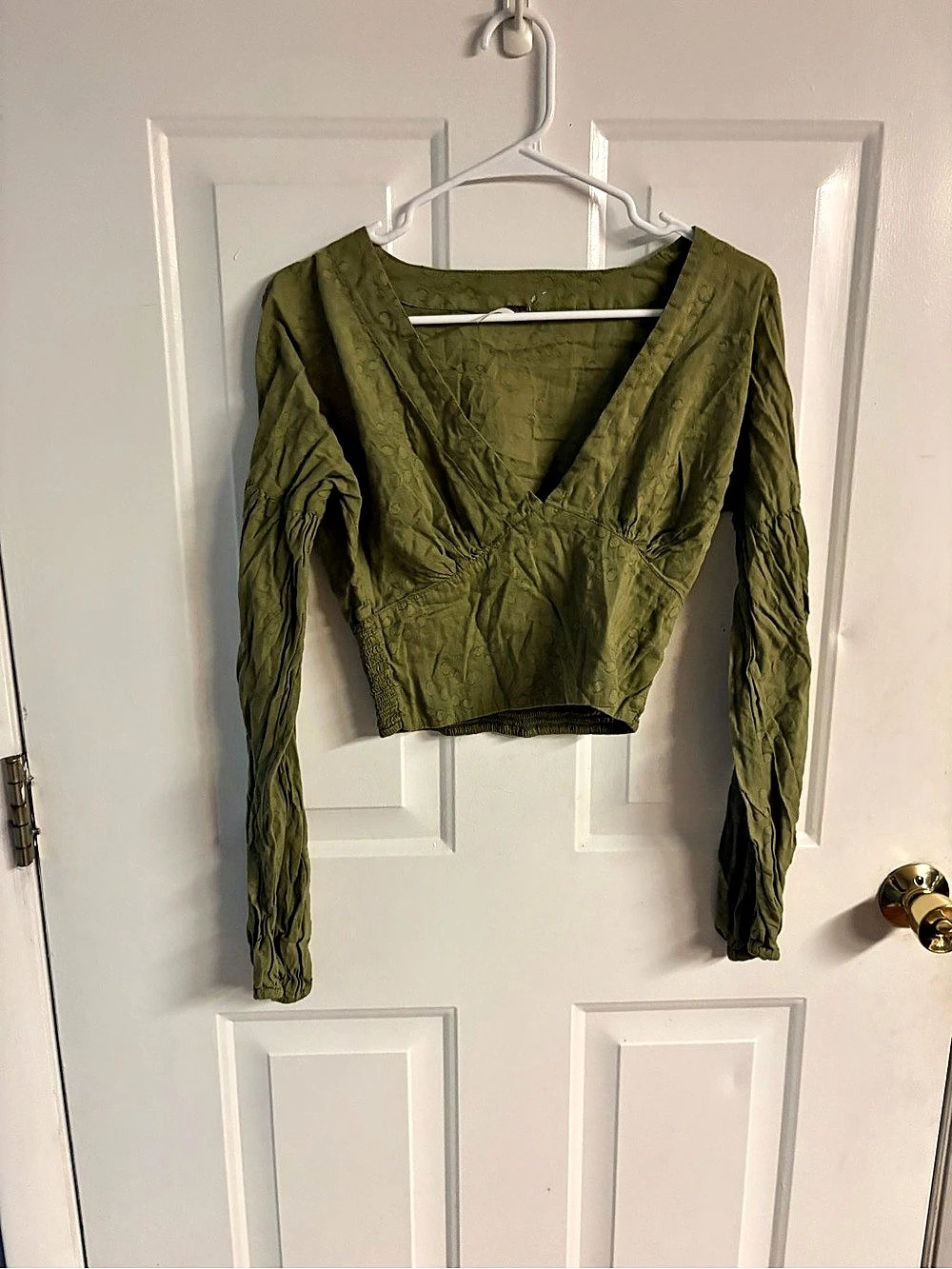 Free People Olive Green Textured Dot Long Sleeve Crop Top Blouse Size S/P